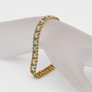 Kordelketten-Armband aus 750 Gold mit Diamanten und türkisen Steinen