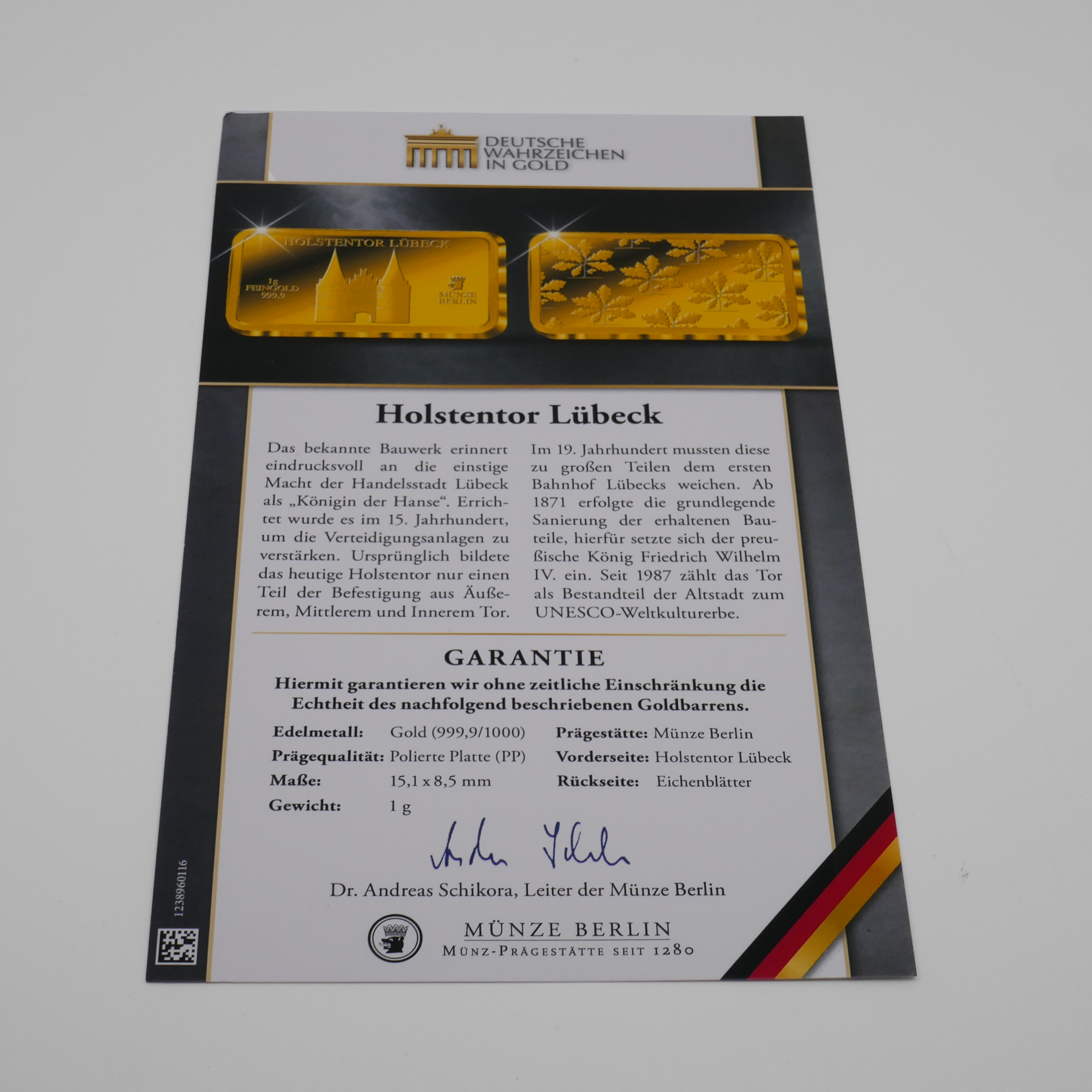 Zertifikat zum Goldbarren Holstentor Lübeck