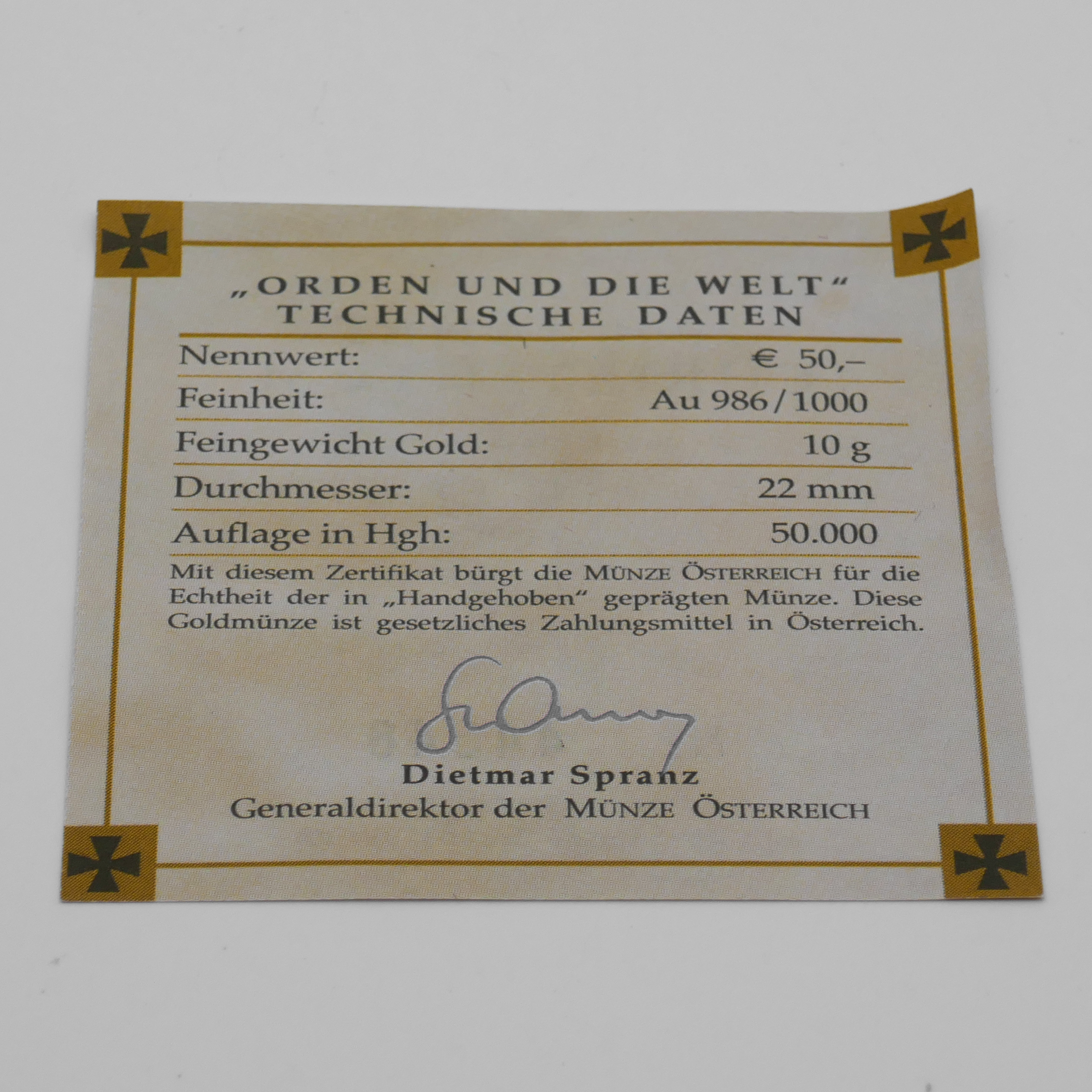 Original Echtheitszertifikat der Goldmünze Orden und die Welt