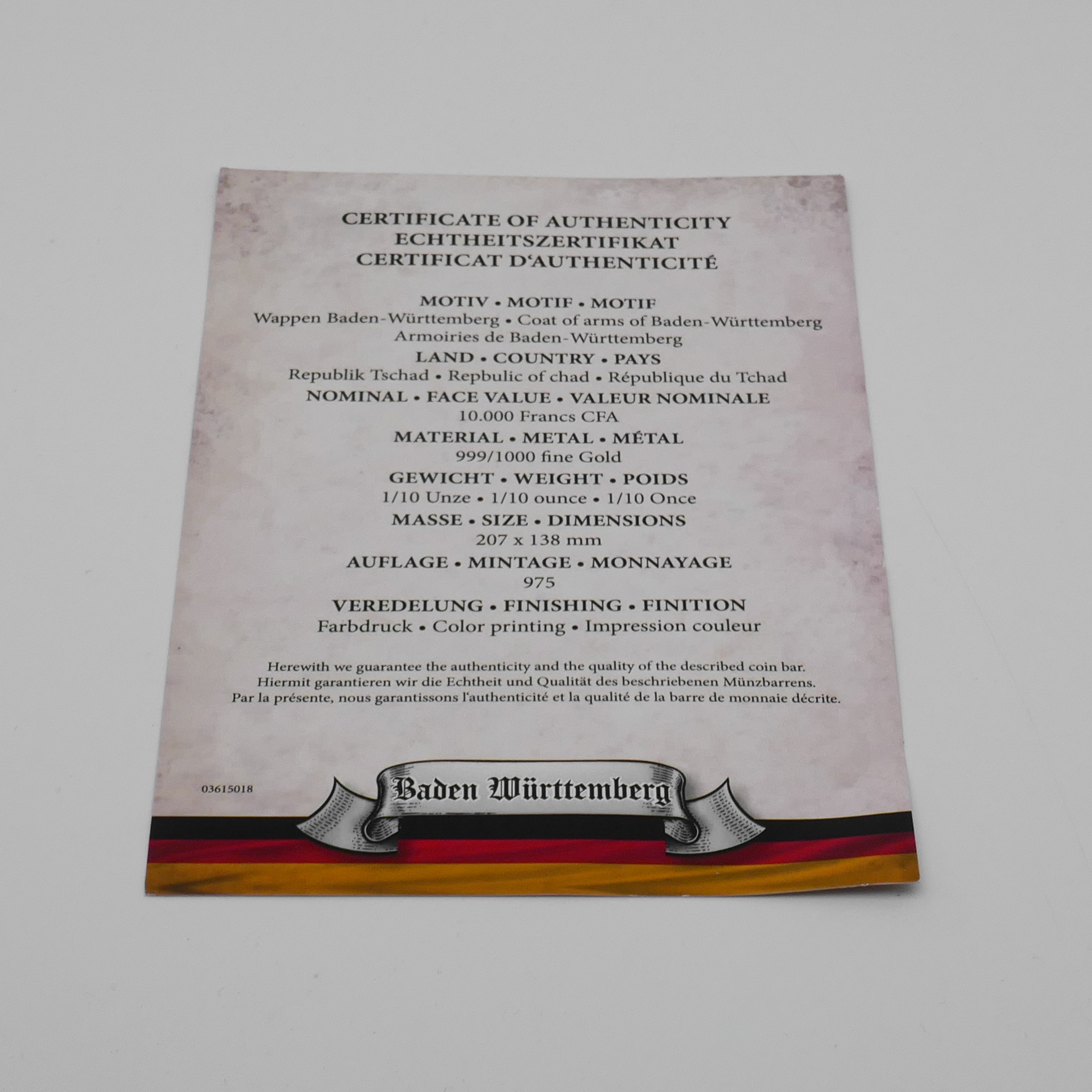 Baden-Württemberg Wappen – Goldbarren 1/10 oz 999/1000 – Republik Tschad 10.000 Francs – gerahmt mit Zertifikat – Auflage 975 – Bild 4