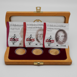 Goldmünzen-Set Große Komponisten mit drei Echtheitszertifikaten in Holzschatulle