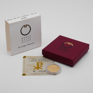 Goldmünze mit Etui, Umkarton und Echtheitszertifikat